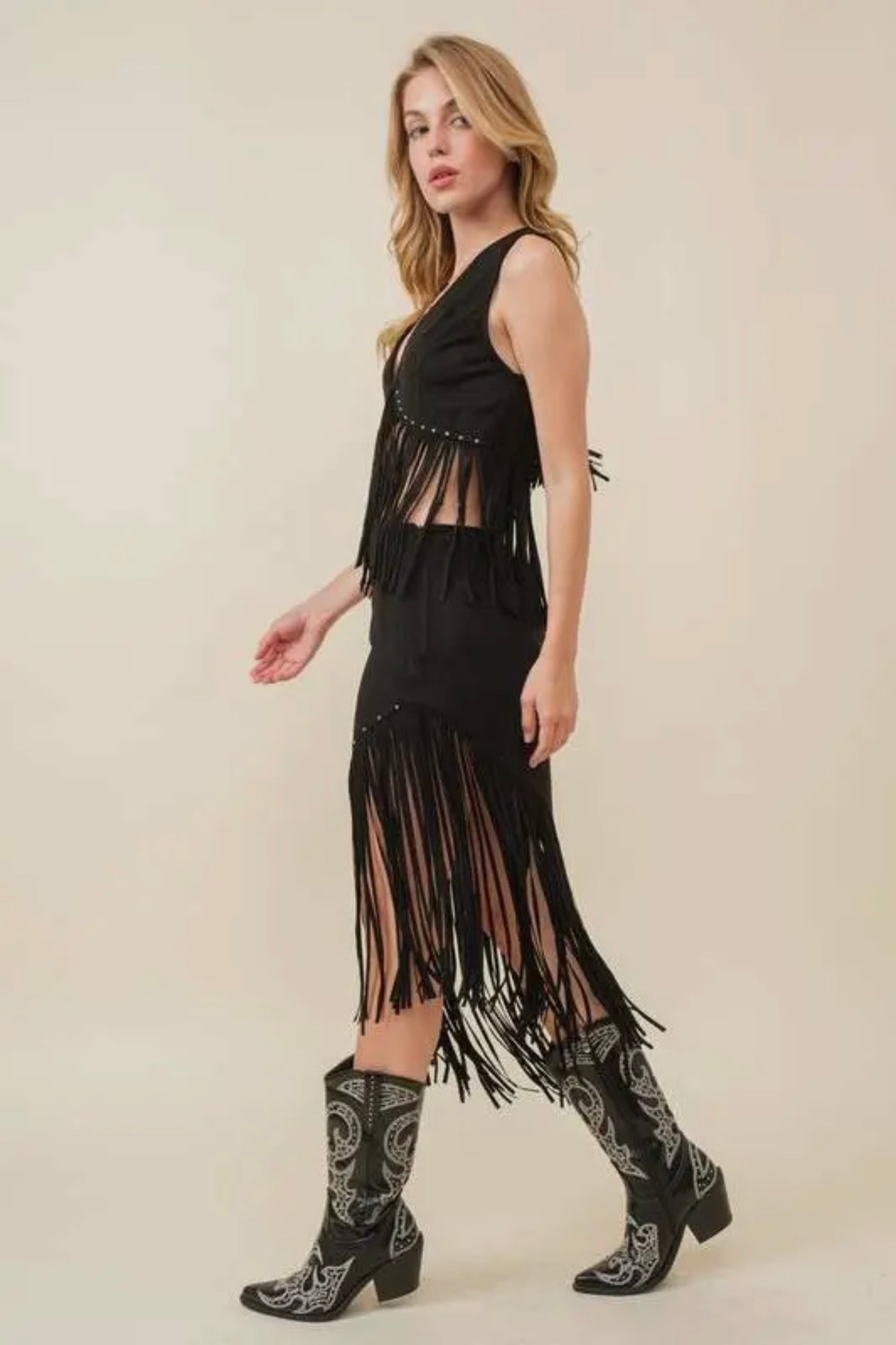 Western Fringe Suede Unbalanced Skirt