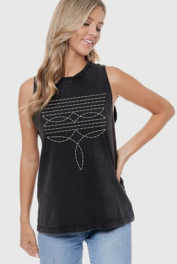 Cowboy Boots Stitched Tank